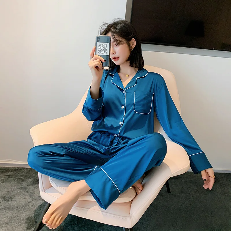 A seda do Pijama Conjuntos Para as Mulheres de Luxo Manga Longa Pijamas, Pijamas Oversize 2 Pcs Botão de Pijamas Com Sacos Sexy Homewear