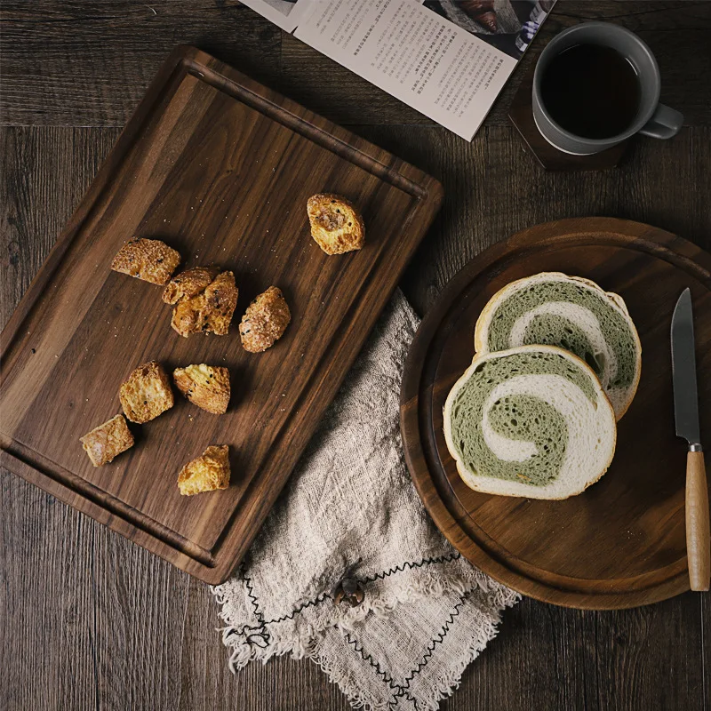 Black walnut Retângulo pizza tábua com alça de madeira maciça pintada família tábua de corte com Fenda bife de chapa de pão