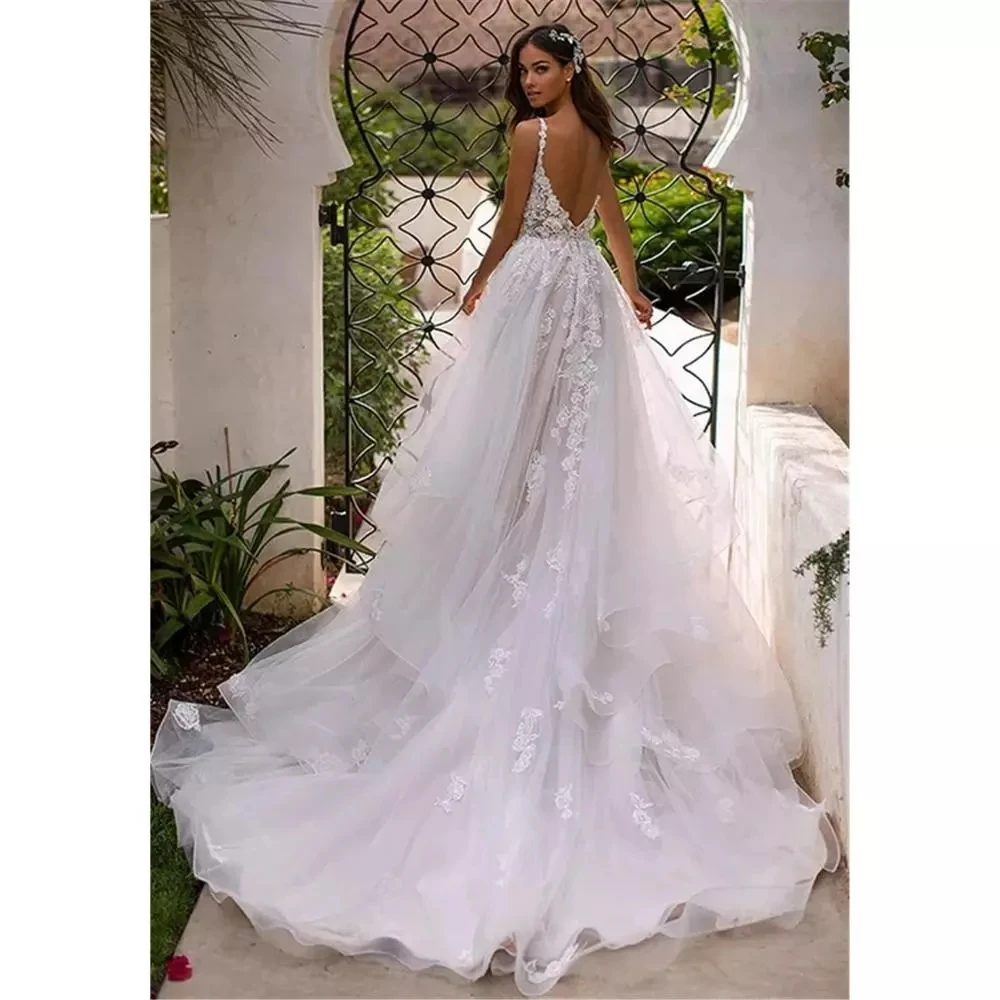 Eightree 2021Long Boho Uma Linha sem encosto de Casamento Vestido de Flores em 3D Cintas de Espaguete Vestido de Noiva Princesa Pavimento Comprimento do Vestido de Casamento