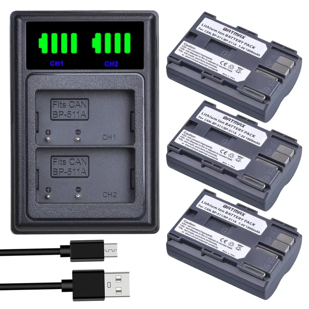 Batmax BP-511 BP-511A BP 511 Bateria+LED USB Carregador Dual com o Tipo C Porta para Canon EOS 40D 300D 5D 20D 30D 50D