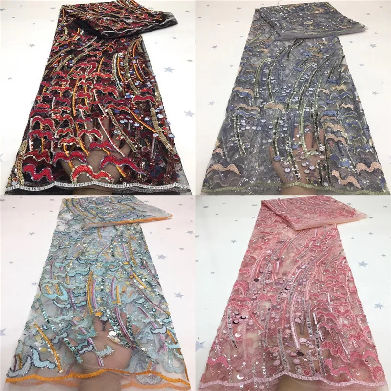 Africana Lantejoulas Tecido do Laço Nigéria Net Laço de Tecido com Lantejoulas francesa, Tule de Malha, Rendas, Tecidos para Costura