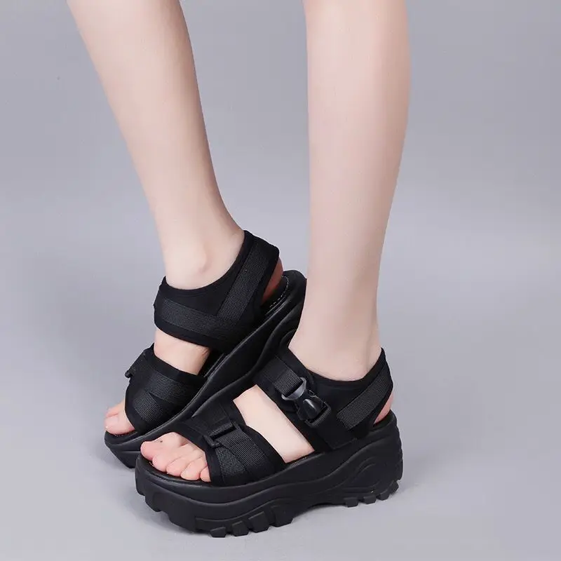 6cm Plataforma Sandálias das Mulheres Cunha Salto Alto Sapatos de Mulher Fivela em Couro Lona de Verão Zapatos Mujer Cunhas Mulher de Sandália