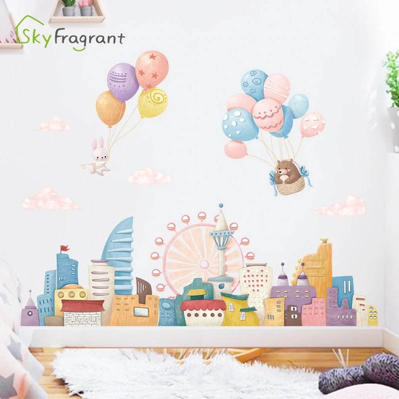 Cartoon roda gigante da cidade de animal crianças de decoração de quarto de auto-adesivas quarto de cabeceira de fundo do adesivo de parede decoração home