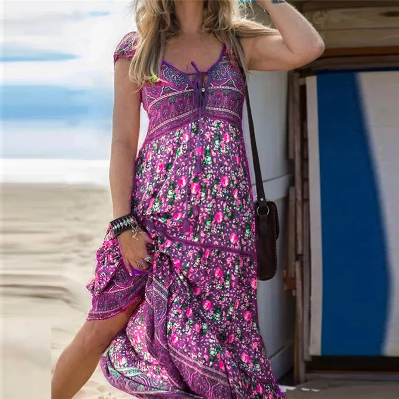 Retro Estampa Floral Mulheres Boêmio Vestido Elegante V-Pescoço Amarração Da Praia Vestidos Casuais Senhora Verão Sem Mangas Vazias Vestido Longo