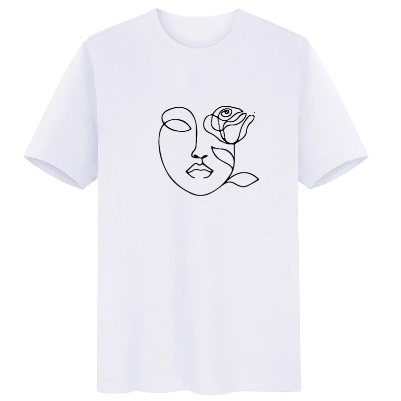 Tshirt Concisa Linha De Garota Com A Rosa Rosa T-Shirt Das Mulheres Gótico Kawaii Estilo Coreano De Manga Curta Tamanho Plus Algodão Superior Tees De Roupas