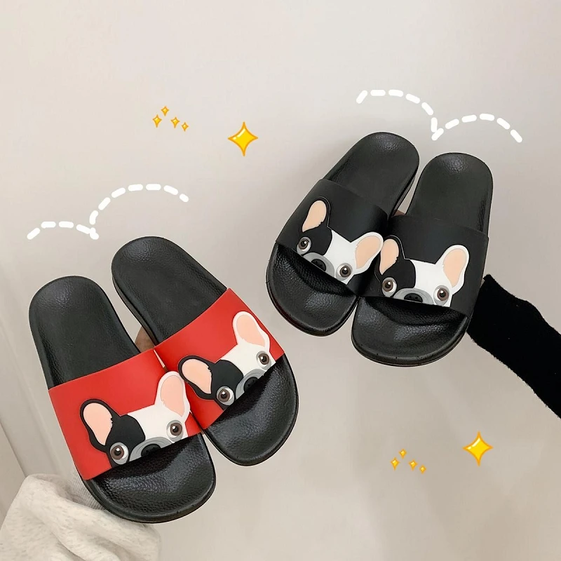 Bonito dos desenhos animados do Cão Mulheres Slides 2020 Moda Pu Couro Praia de Slides Casa Chinelos de quarto Escorregar no Sandálias das Mulheres Sapatos de Flip-Flops