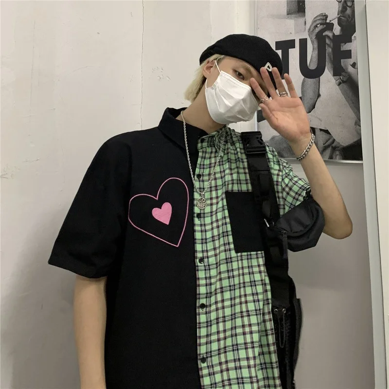 Deeptown Camisa Xadrez Harajuku Manga Curta Blusa Mulheres Impressão De Coração Emenda Emparelhado Roupas De Verão Designer Coreano 2021 Vintage