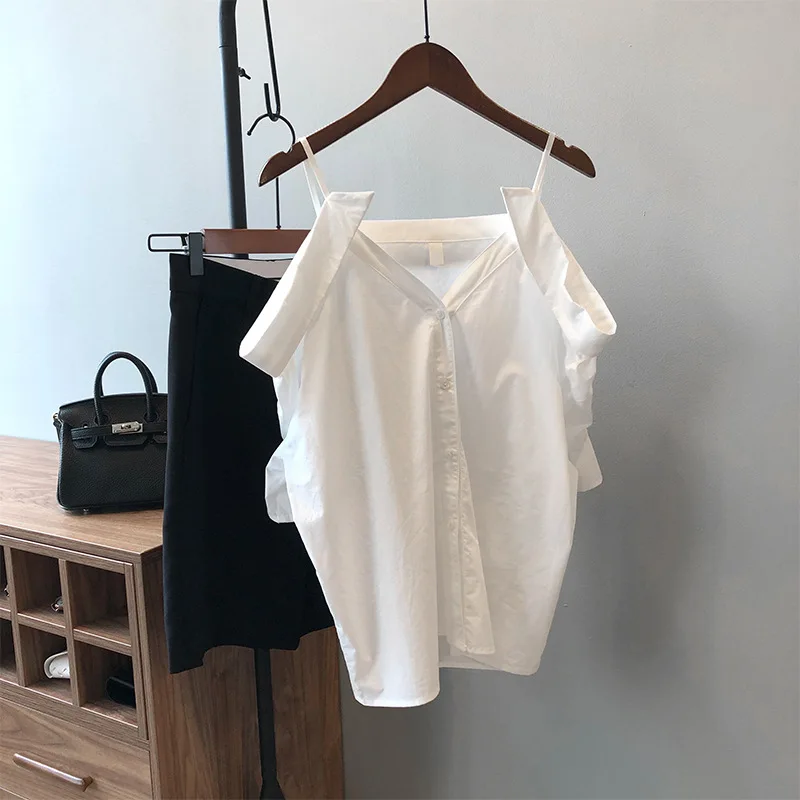 Branco Elegante Ombro Camisa Aberta Tops Mulheres de Manga Curta, Single-breasted Sexy Blusas Moda Streetwear Senhoras Blusas 2021