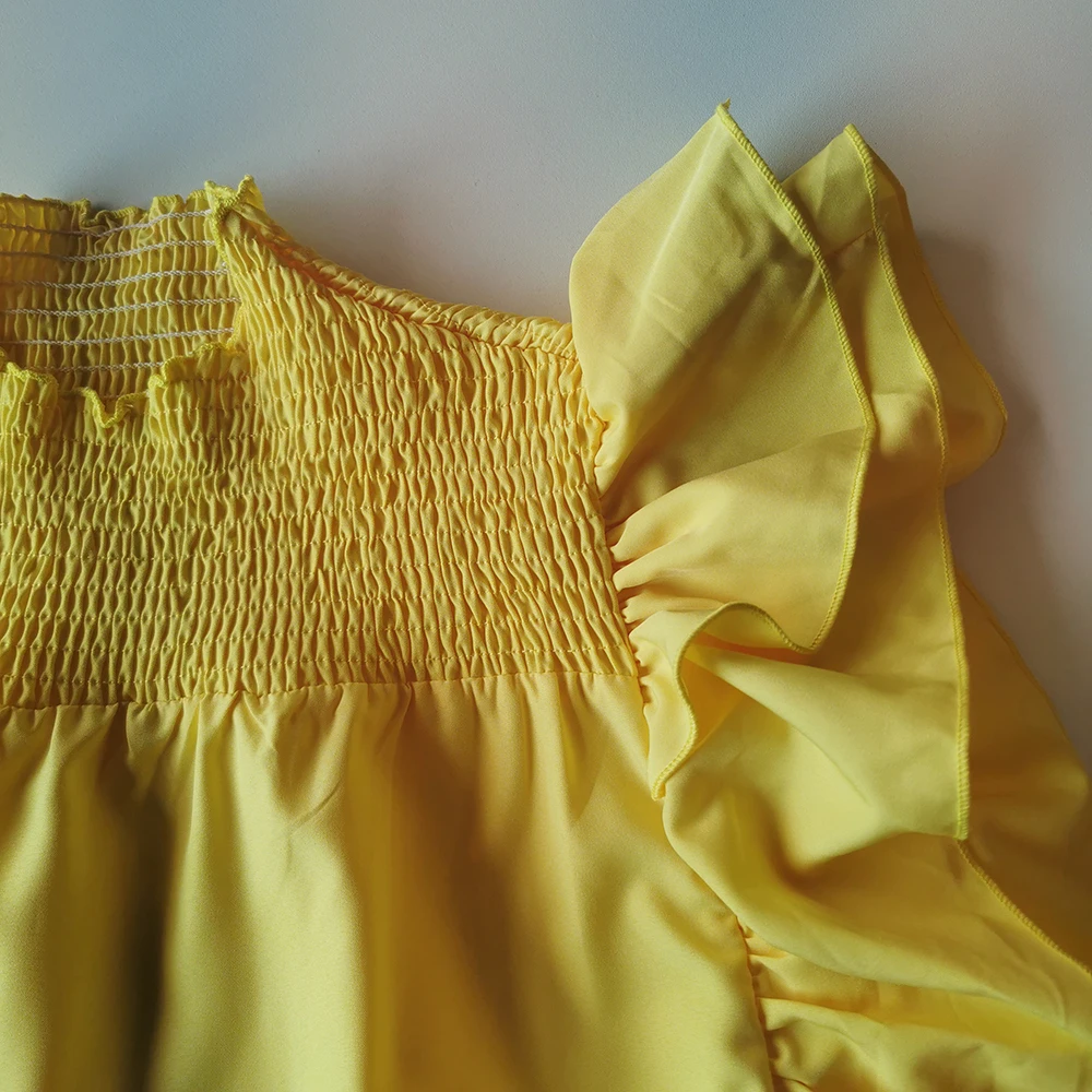 Plissado tops para as mulheres de verão bonito amarelo falbala de manga curta pulôver de 2021 africano de moda feminina plus size blusa casual camisa