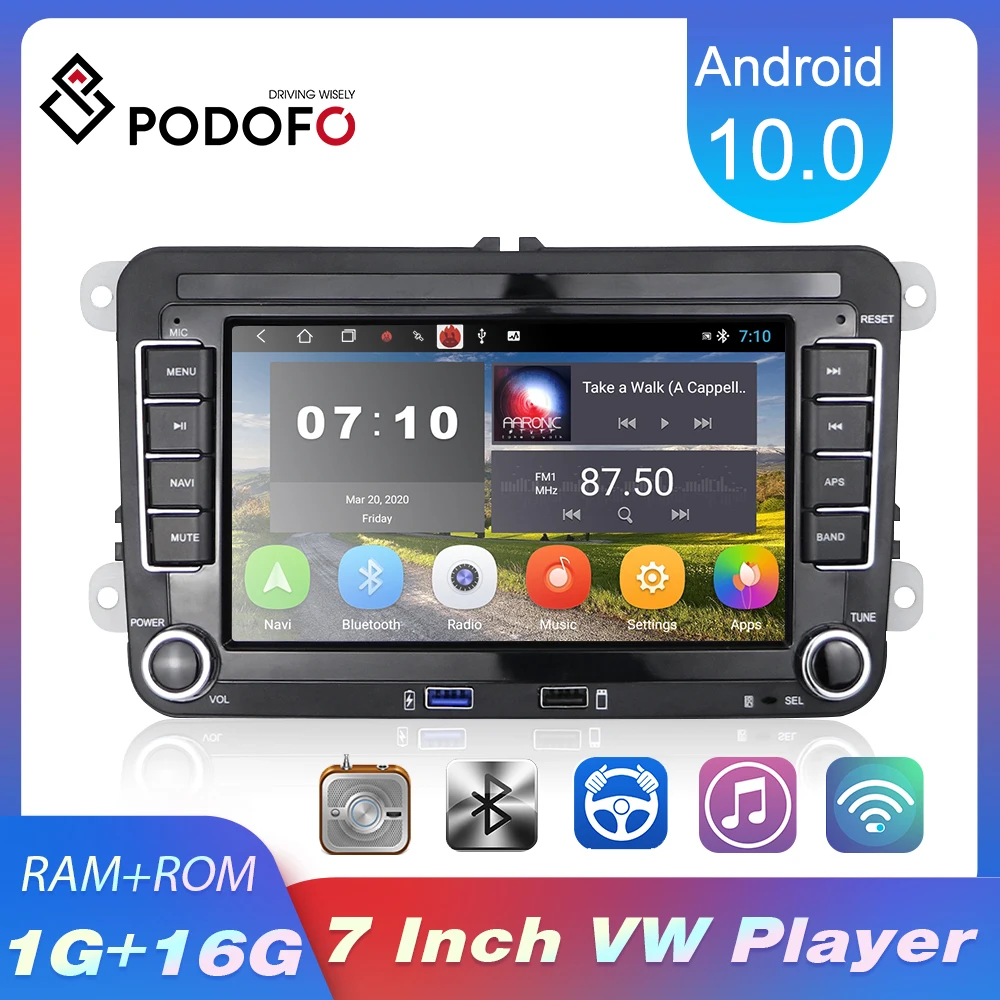 Podofo 2 din Android 10.0 Carro Rádios, GPS, Leitor Multimídia VW/Volkswagen/Golf/Passat/b7/b6/Skoda/Seat/Octavia/Polo/Tiguan