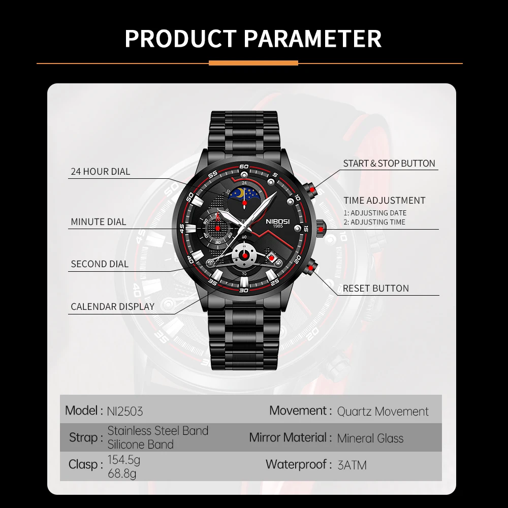 NIBOSI de Moda de Topo Relógio de Marca de Luxo para Homens de Silicone Esporte Impermeável Cronógrafo Luminoso de Quartzo relógio de Pulso Relógio Masculino