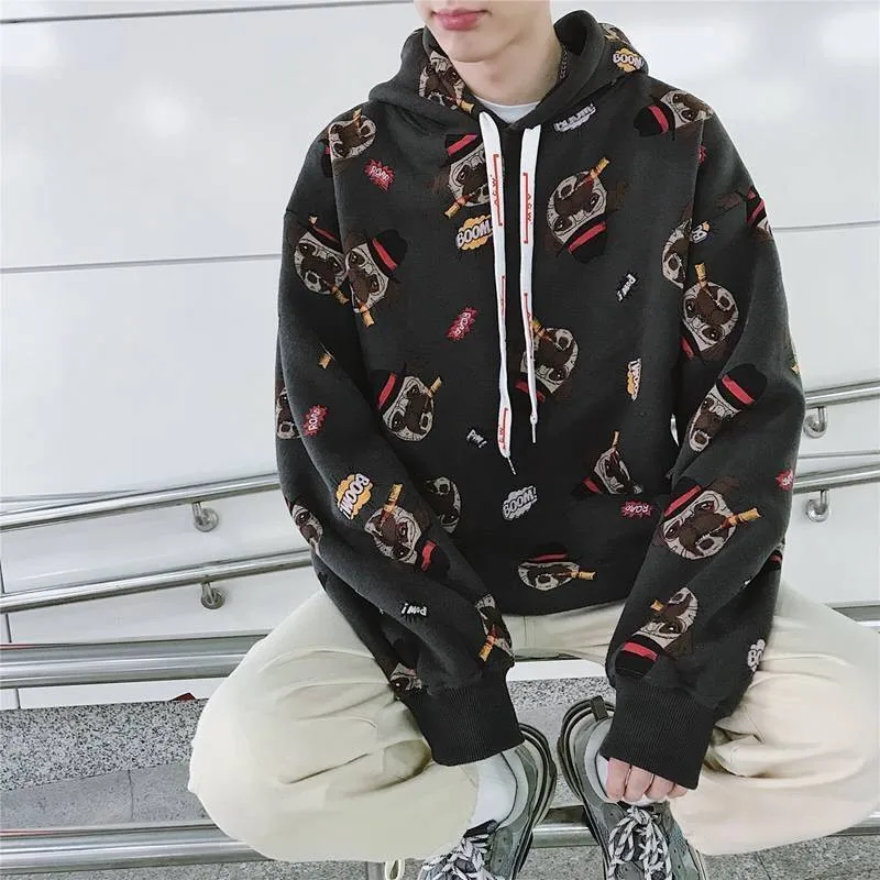 Cão Bonito Impressão Capuz De Moletom Homens Japoneses Harajuku Streetwear Capuz Casual 2019 Pulôver Coreano Inverno Outono Capuz Machos