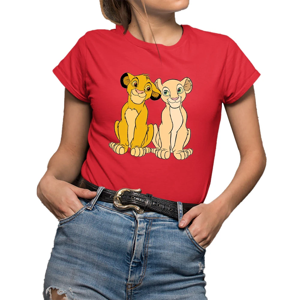 Kawaii Simba e Nala Rei Leão de Impressão de T-shirts de Vestuário Feminino Casual Solta Unisex Camisetas Harajuku Tee Verão as Mulheres T-shirt