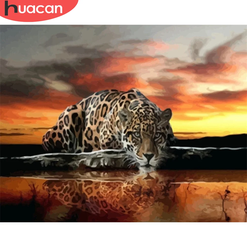 HUACAN Pintura a Óleo Pelo Quadro de Número de Leopardo Animal Kits de Pintar Por Números Na Tela Para Adultos Arte de Parede pintado à mão
