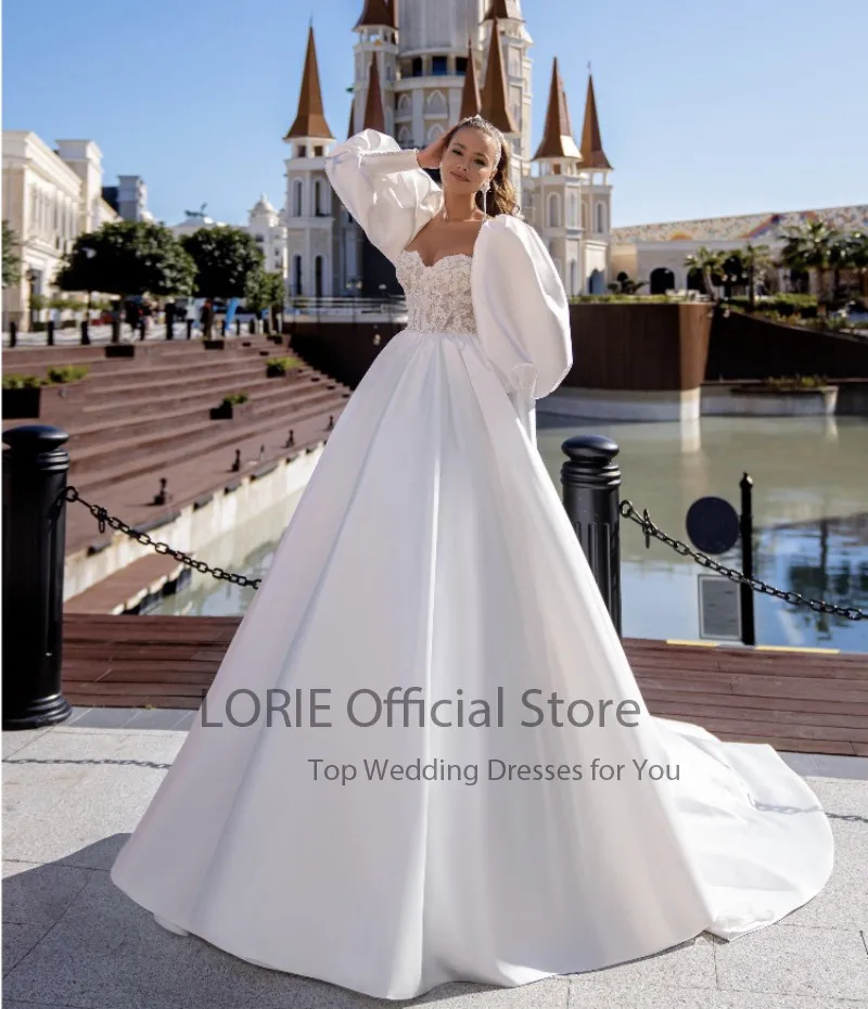 LORIE Lindos Vestidos de Noiva Longo Mangas Puff sem encosto Apliques Cetim Vestido de Casamento do Laço Vestido de Noiva 2021 vestido noiva