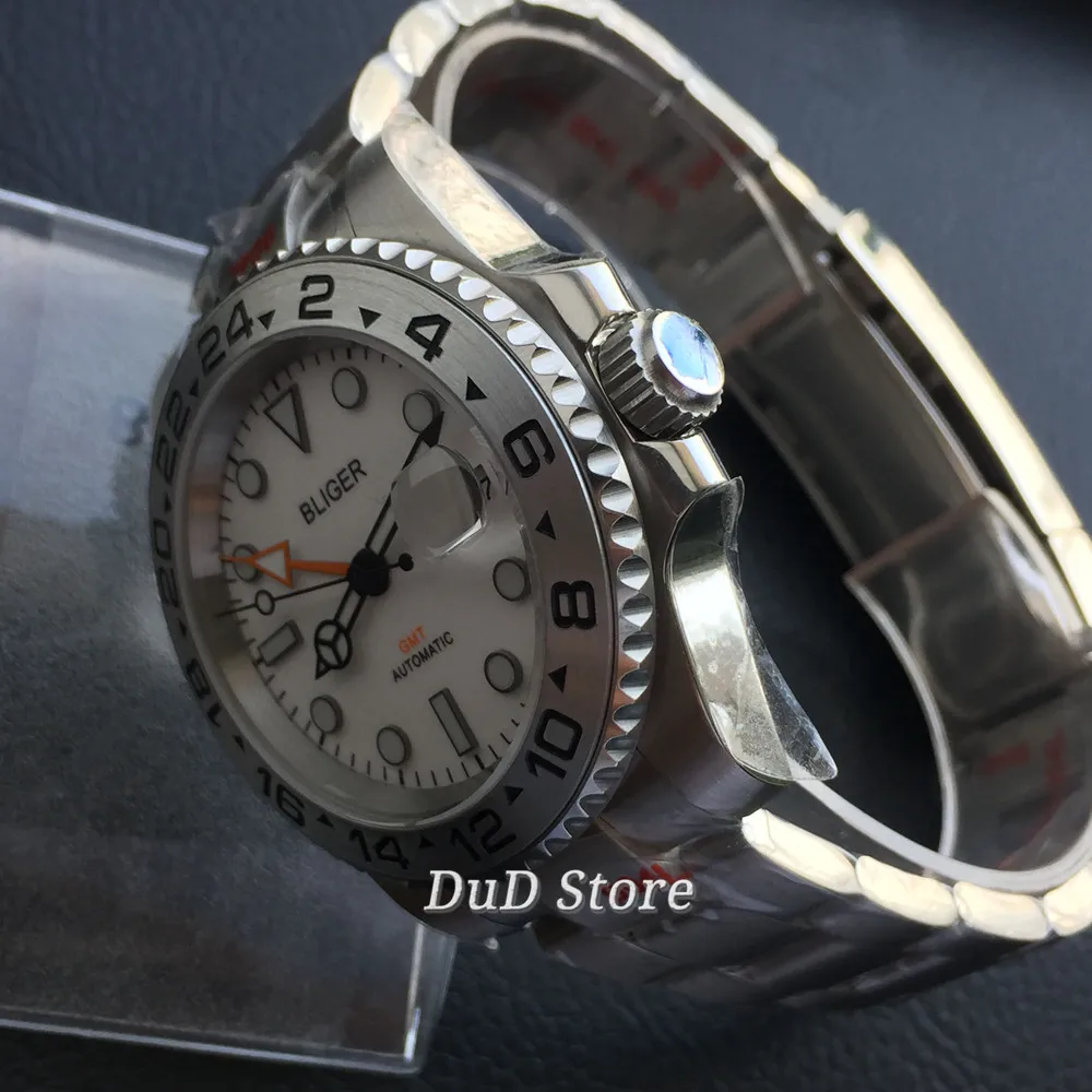 Bliger Novo 40mm Homens de alto Luxo Relógio Mecânico Mostrador Branco Vidro de Safira Bisel em Cerâmica e Janela de Data de Laranja GMT relógio Automático