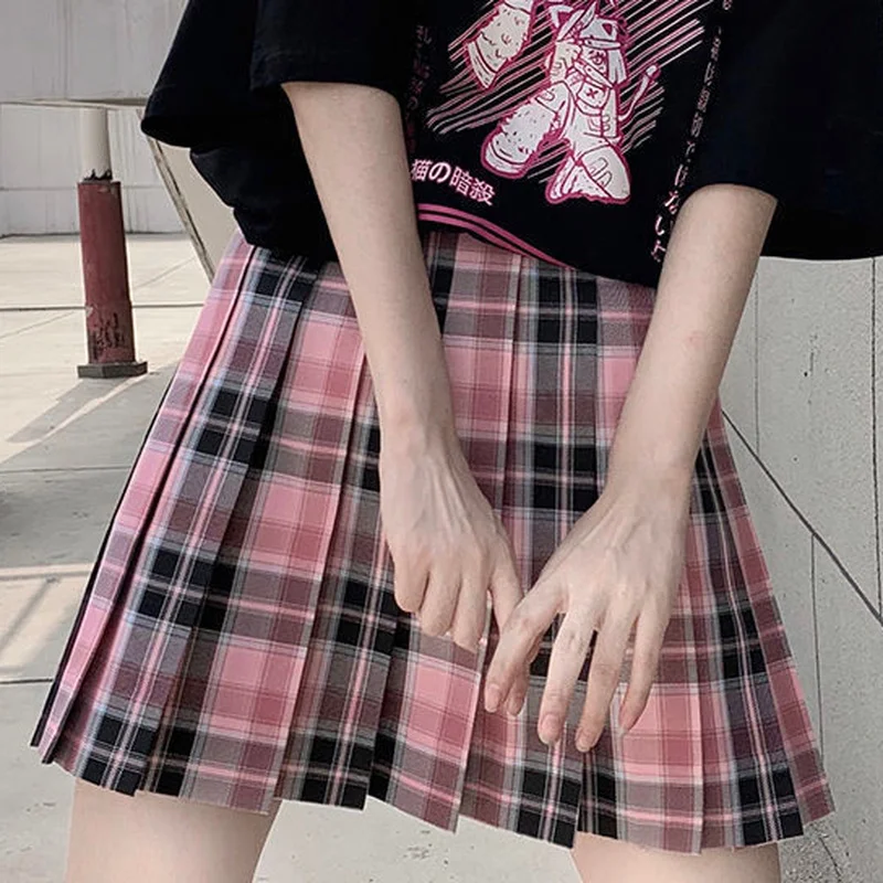 HOUZHOU Harajuku Kawaii Xadrez da Saia de Mulheres Bonito cor-de-Rosa Preto de Cintura Alta Plissado Mini Saias Verão Gótico Streetwear Estilo Japonês