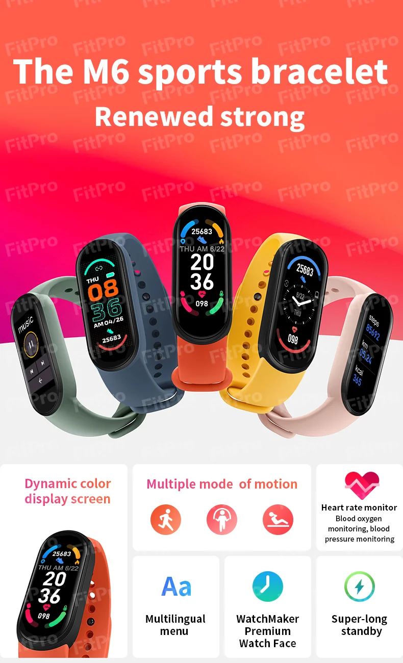 M6 Banda Inteligente Sport Fitness Tracker Pedômetro Heart Rate Monitor de Pressão Arterial Pulseiras Inteligentes Pulseira Homens Mulheres PK M5 M4